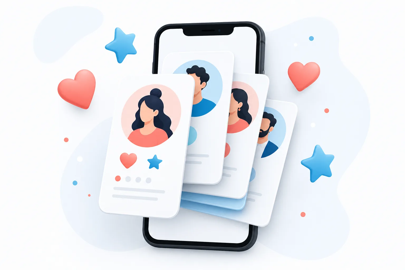 Editorial illustration of a smartphone showing a stack of stylish creator profile cards with hearts and stars — how subscribers discover the best free OnlyFans accounts of 2026.